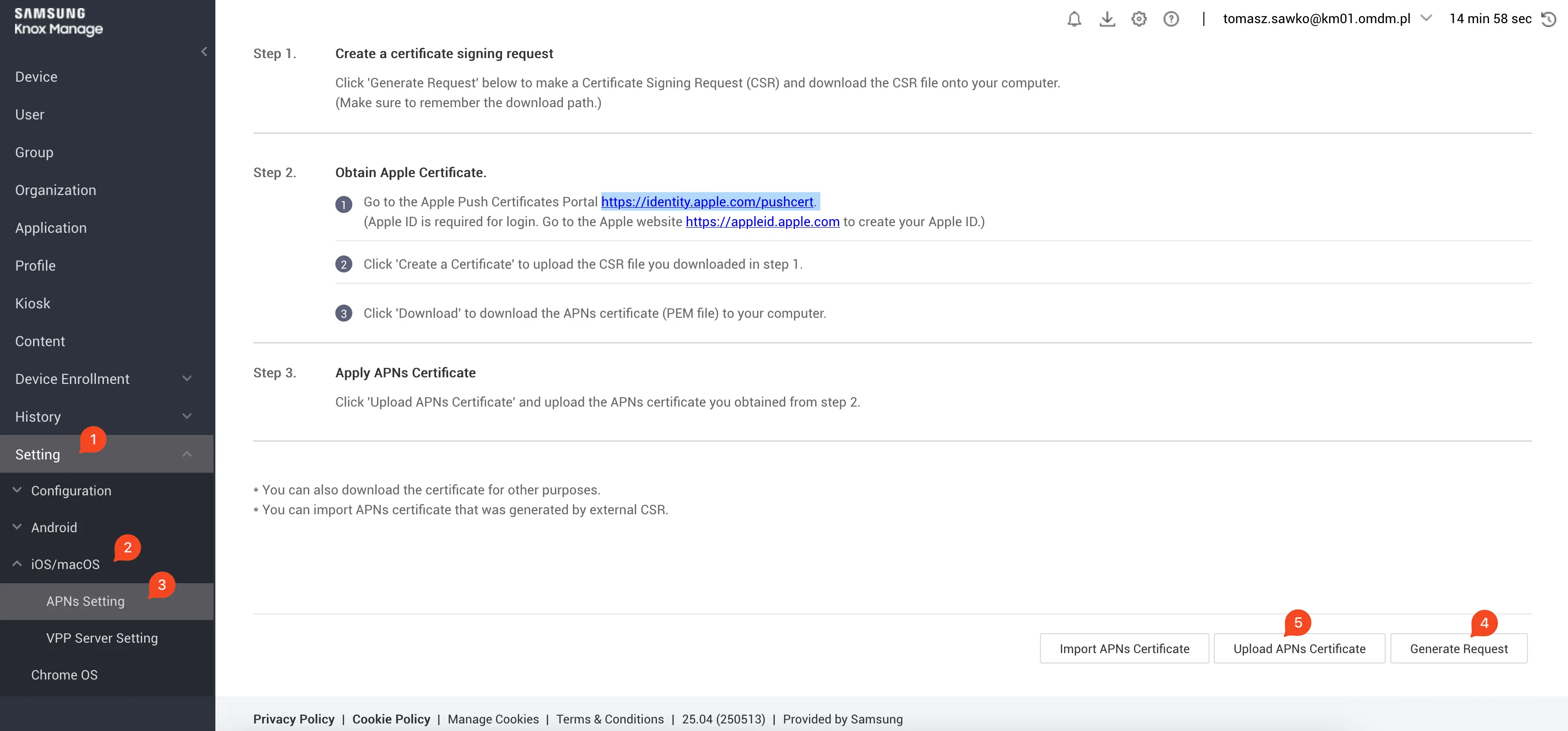 Knox Manage Console APNs