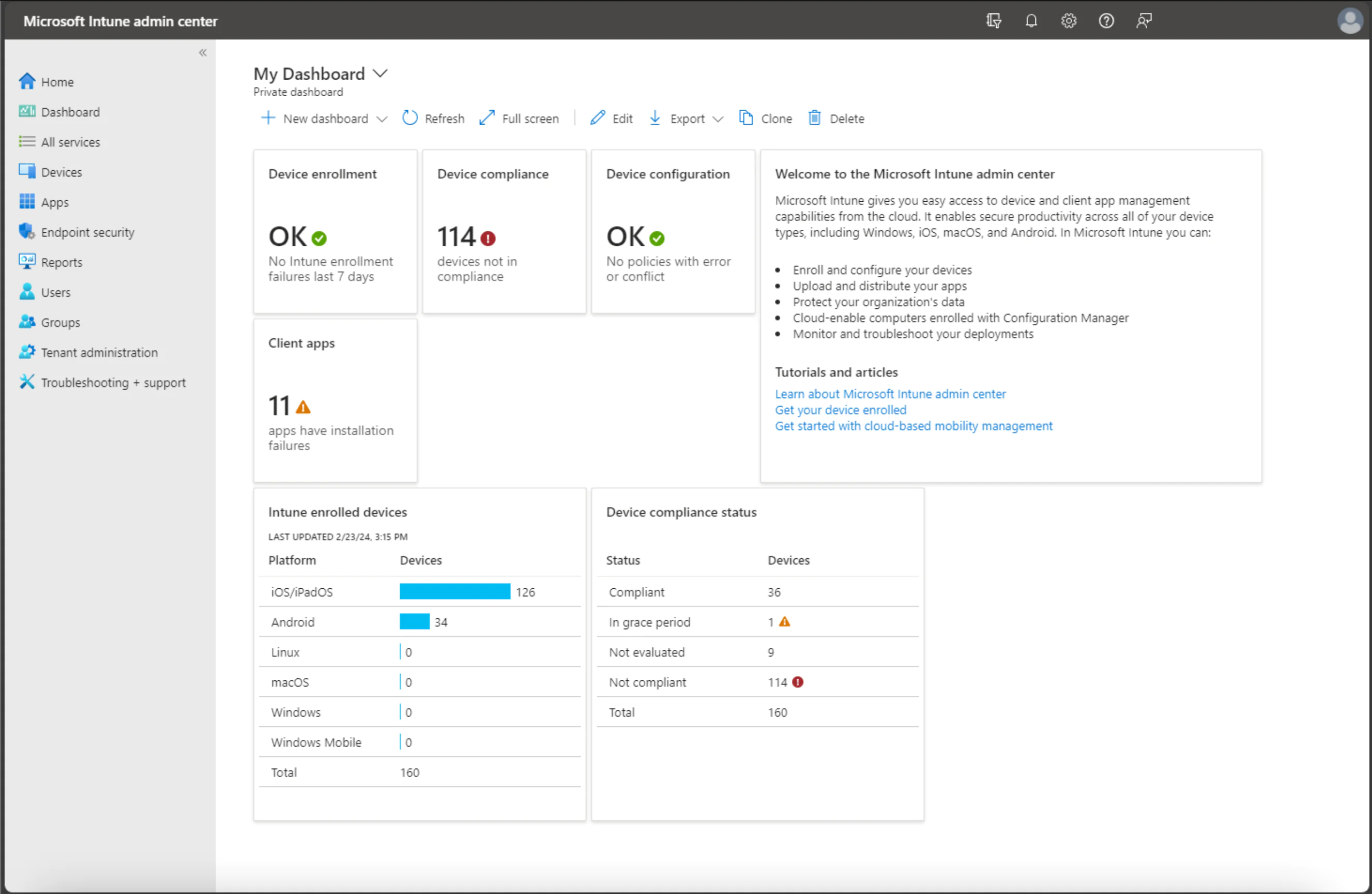 Microsoft Intune dashboard
