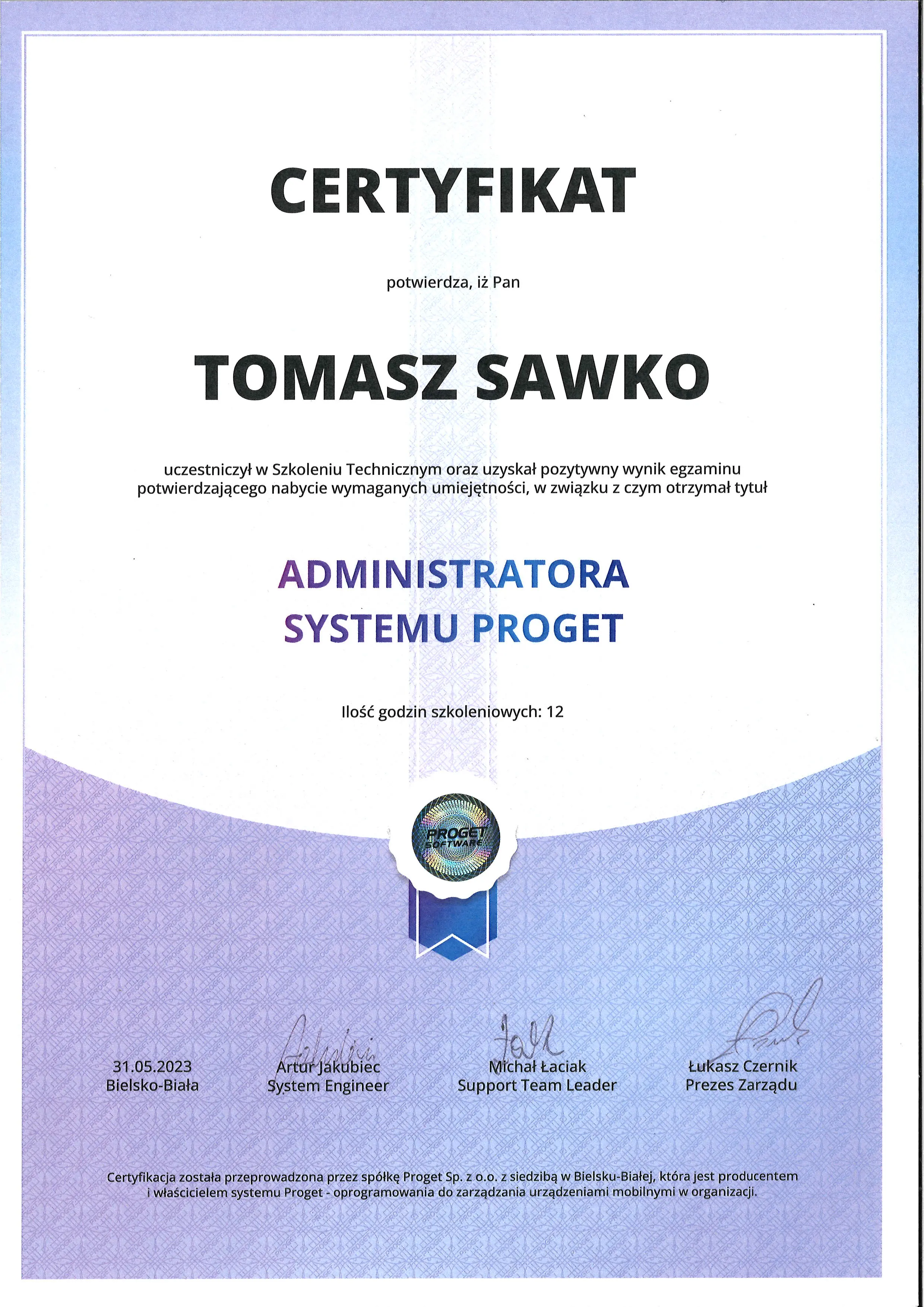 TS Certyfikat Proget